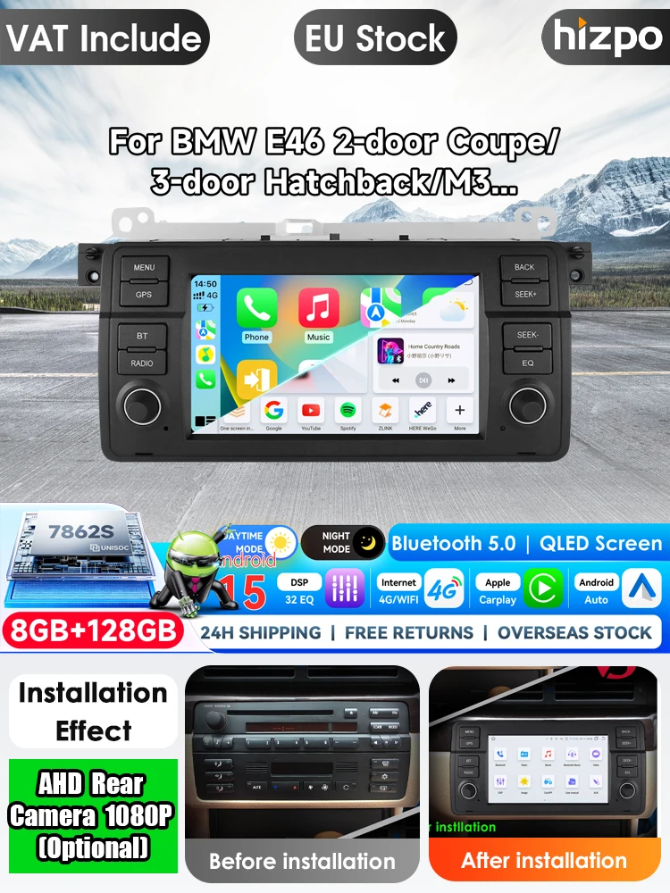Hizpo 7 Zoll Wireless CarPlay Android Auto Autoradio für BMW E46 M3 318 320 325 330 335 Multimedia Wireless Apple CarPlay Intelligente Systeme IPS Touchscreen Stereo Videoplayer 2Din Autoradio Head