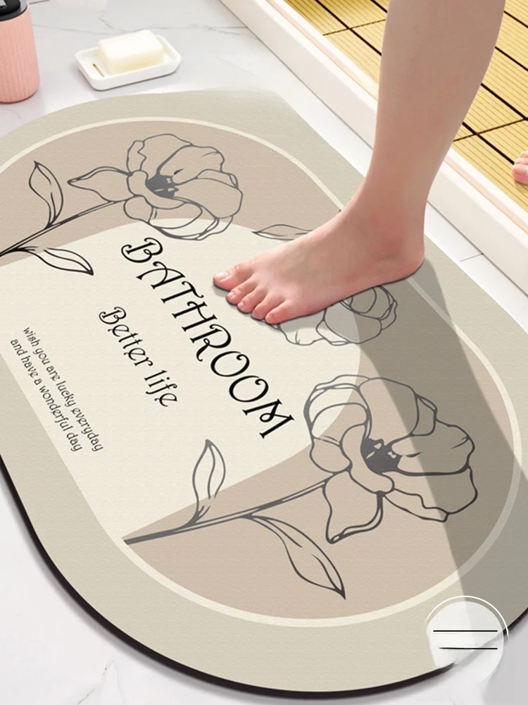

Quick Dry Tech Fabric Mat Bathroom Water Absorbent Floor Mat Foggy Flow Simple Style Hand Washable Oval Shape Non Slip B Grade