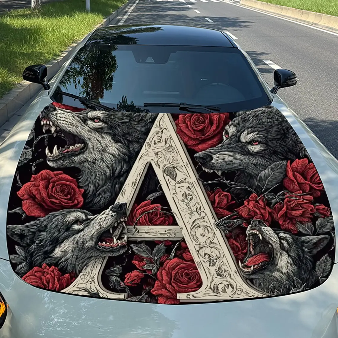 

Wolf And Rose Letters Car Hood Wrap - Self-Adhesive Waterproof Scratch-Resistant Vinyl Decal, Durable PVC Car Hood Sticker For T