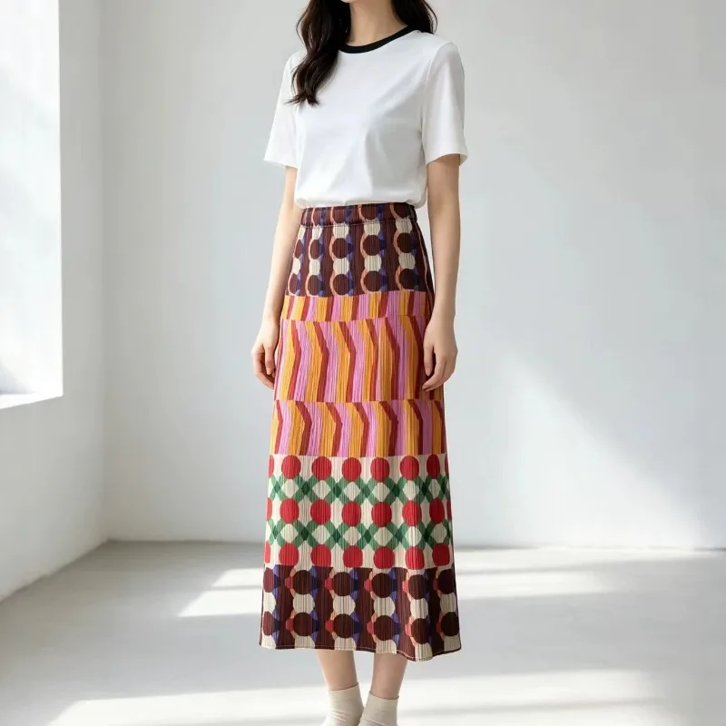 Miyake Pleated Printed Skirt Women Summer 2026 New Plisse Jupe High-End Versatile Pleats Print High-Waist Draped Straight Skirt