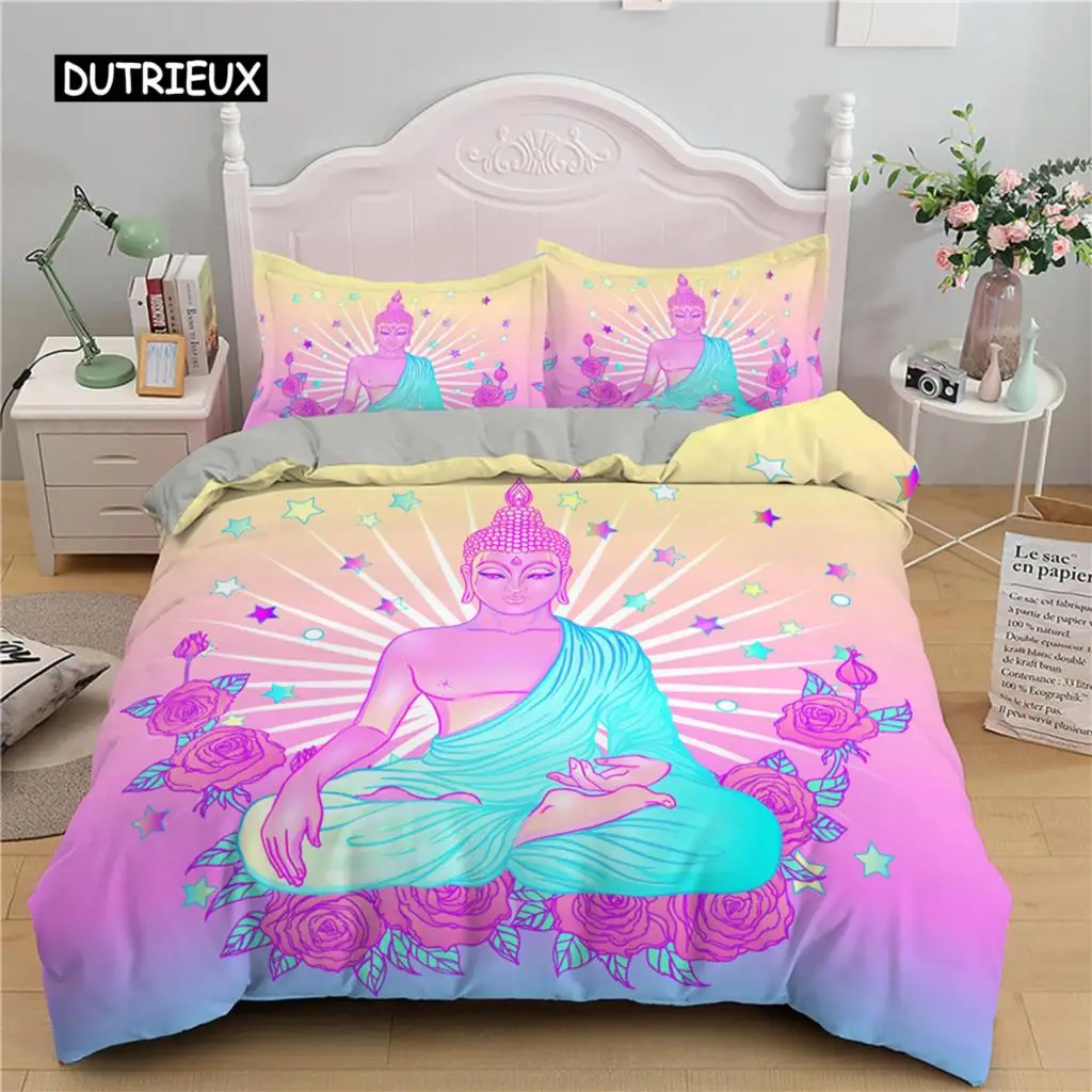 Colorful Buddha Duvet Cover Set Colorful Buddha Statue Religion Twin Bedding Set Polyester Pink Rose Decor King Size Quilt Cover