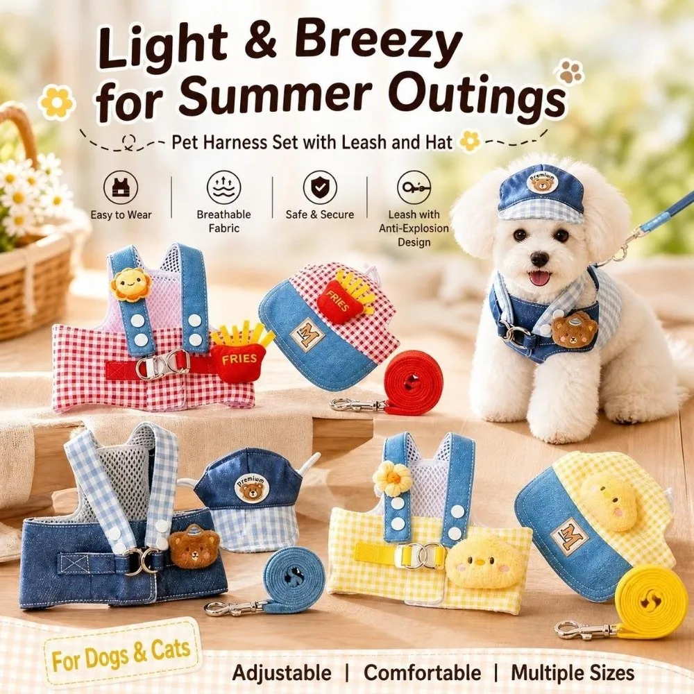 New Adjustable Cat Harness and Leash Set Adjustable Buckle Breathable Mesh Pet Harness Set Patchwork Style Pet Walking Set Pet