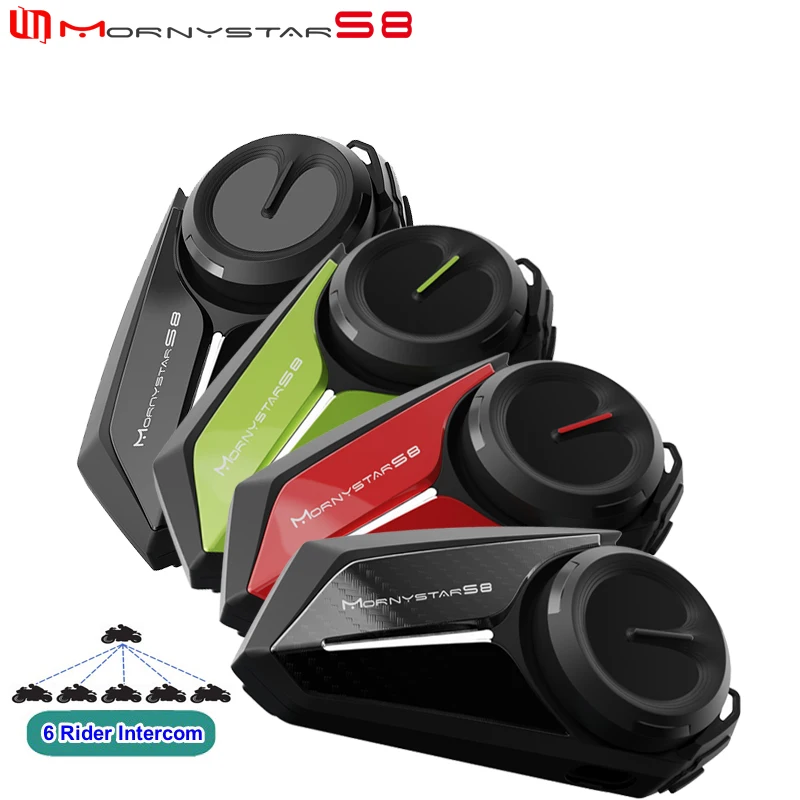 Mornystar S8 Motorrad-Gegensprechanlage, Helm-Headsets, 1200 m, 6 Fahrer, Bluetooth-Gegensprechanlage, Kommunikation, GPS, Gegensprechanlage, wasserdicht, FM