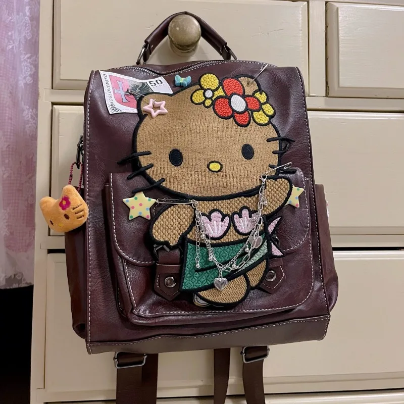 

Kawaii Hello Kitty Backpack Anime Girl Retro Star Backpack KT Embroidery Cortex Waterproof Fashion Versatile Festival Gift
