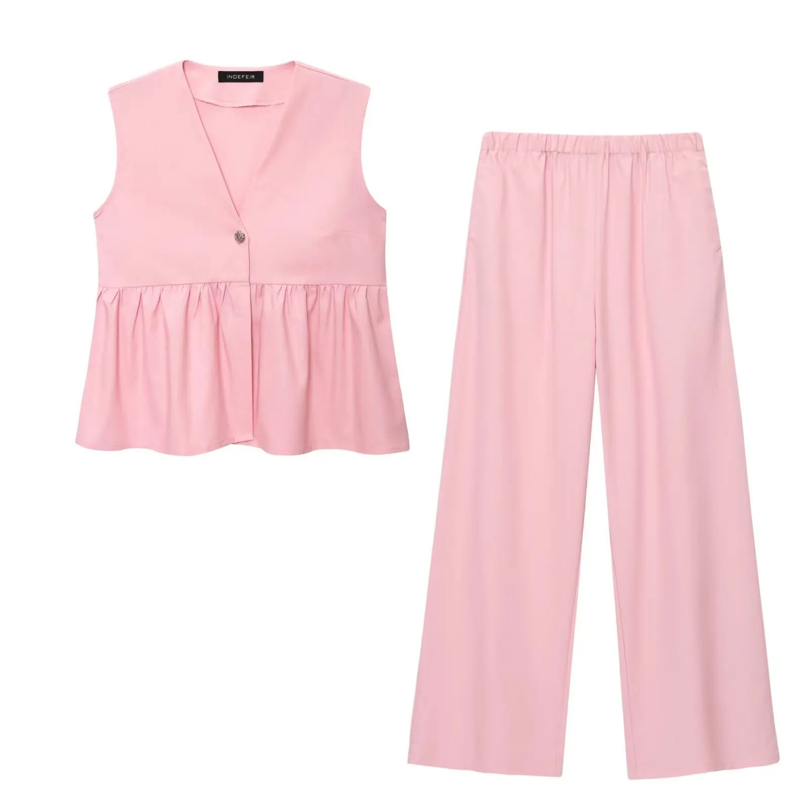 

Women's Commuter Suit 2025 New V-neck Sleeveless Vest Cotton and Linen Elastic Waist Trousers Pink Summer Two-piece Suit
