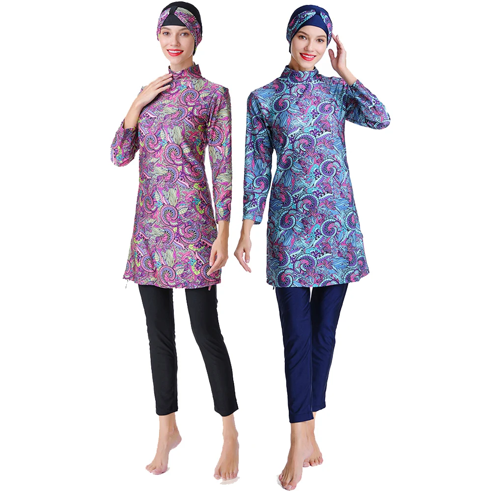 Burkini Muslim Swimwear for Women, Plus-sized, Vintage Floral Printed Swimwear with Cap, Surf, Plus Size, S-3XL, 3Pcs