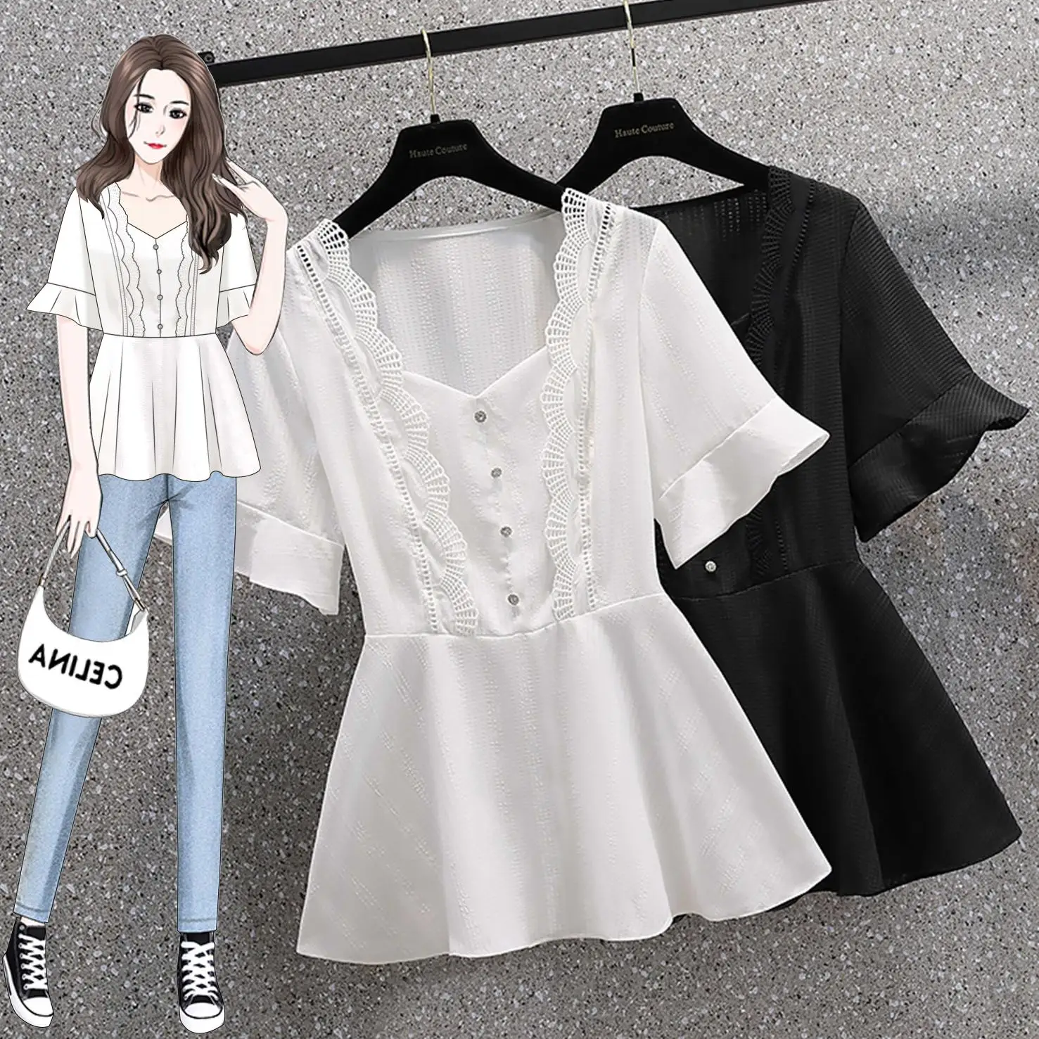 

2023 summer new French square neck chiffon shirt Women's breathable stud button short sleeve top