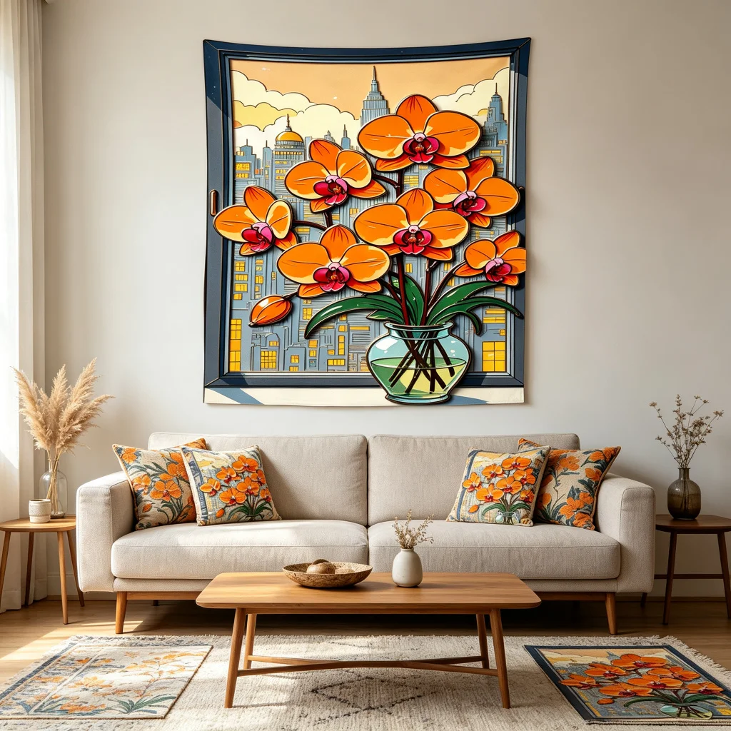 1PC Orange Orchid Vase Art Print Backdrop Banner, Bedroom Living Room Photo Background, Polyester, Home Decor, Wall Art