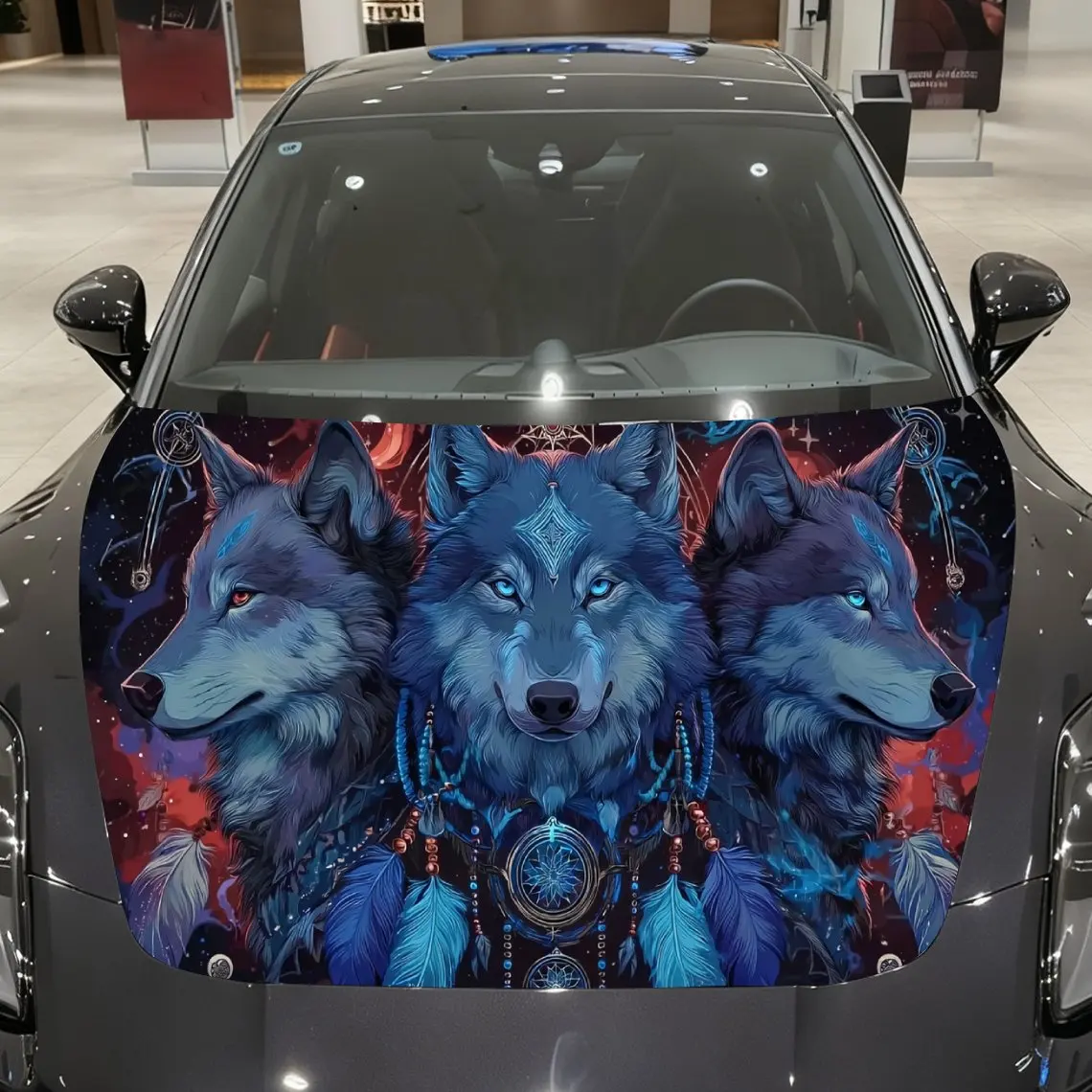 

Starfield Tribal Three Wolves Car Vinyl Wrap, PVC Material Waterproof Car Hood Sticker, Self-Adhesive Scratch-Resistant Stickers
