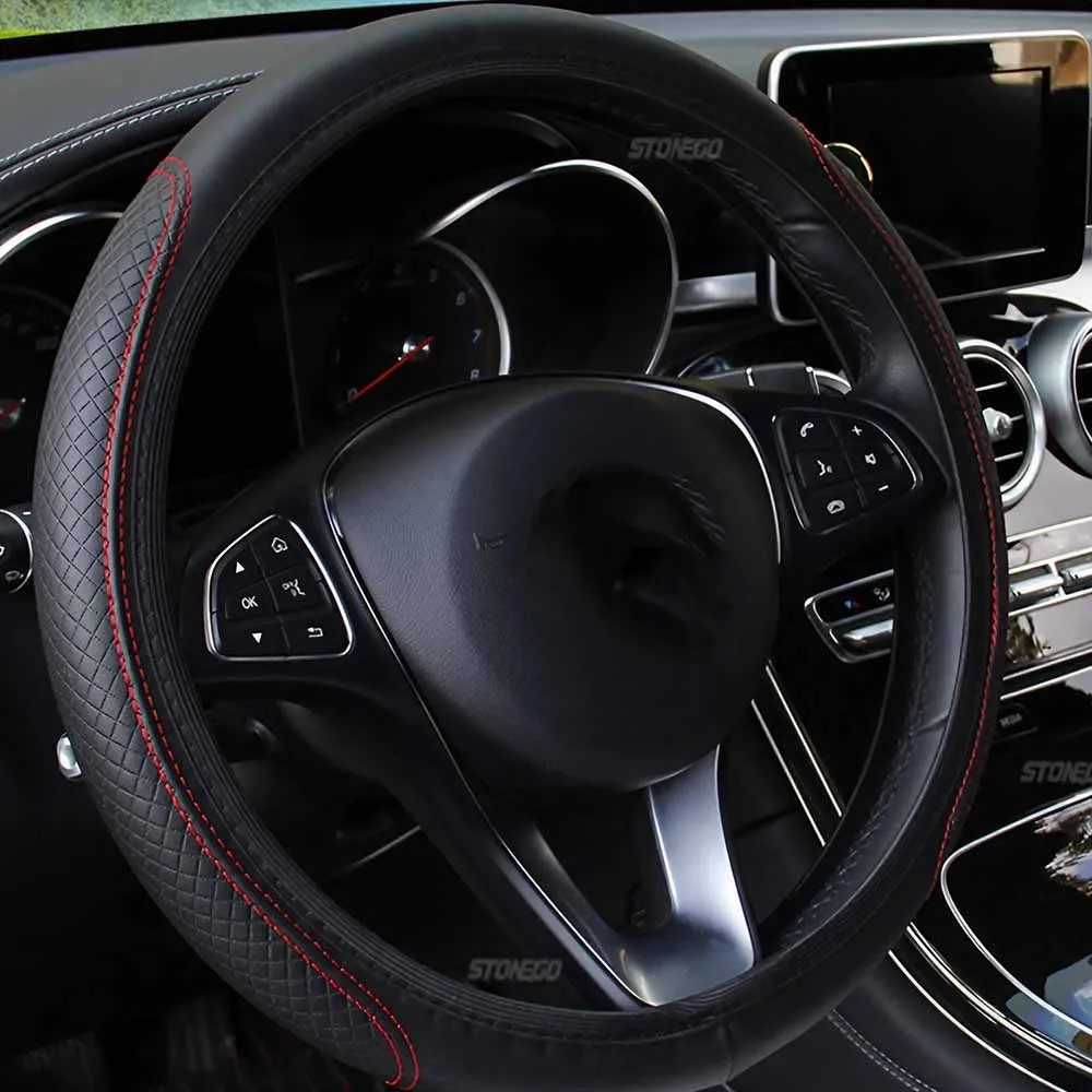 Breathable PU Leather Anti-Slip Universal Car Steering Wheel Cover, Interior Decoration Accessories