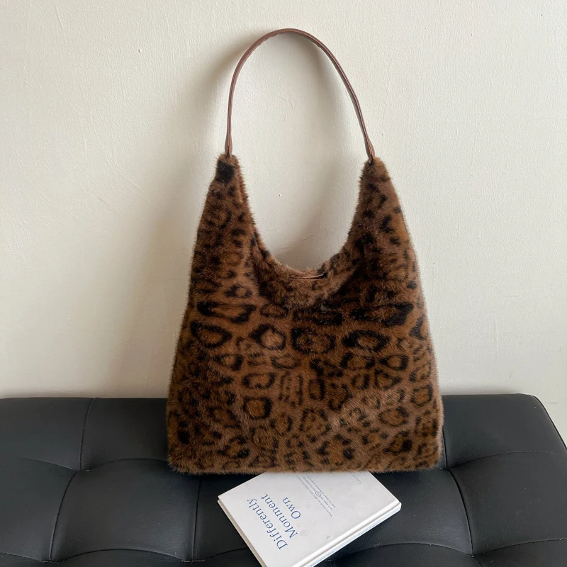 

Retro Leopard Print Shoulder Bags New Trendy Hobo Bag Soft Warm Faux Fur Large Capacity Tote Korean Fashion Winter Underarm Bags