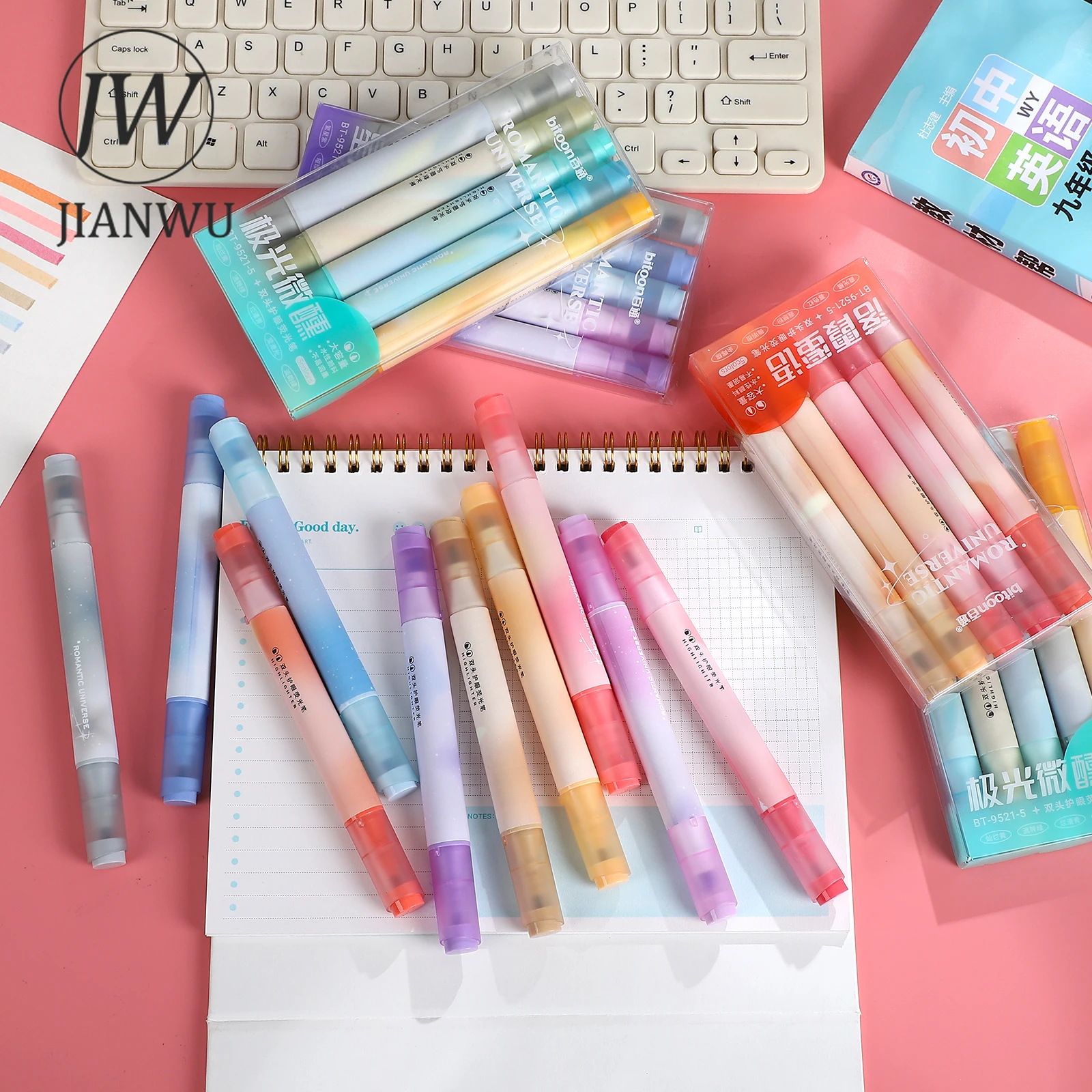 JIANWU 5 Pcs/set Colorful Double-ended Eye Protection Highlighter Set Write Smoothly Creative DIY Student Supplies Stationery