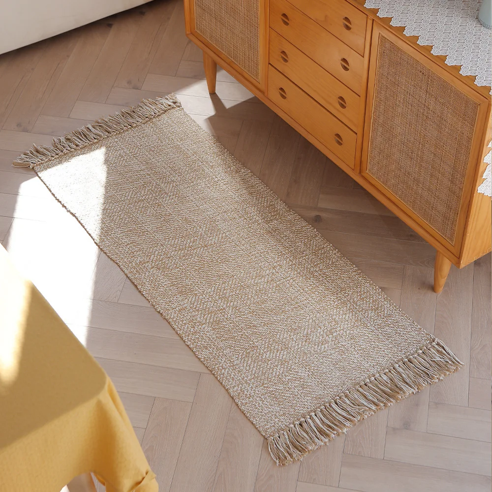 Twill variegated cotton thread tassel floor mat, European style indoor bedside floor mat, bedroom, home, living room, coffee tab