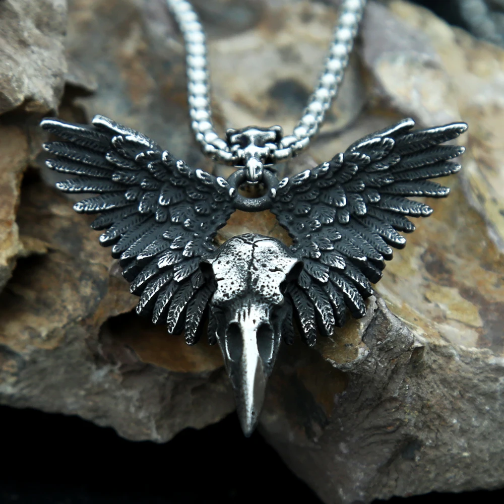 Punk Vintage Raven Skull Pendant Black Stainless Steel Wing Necklace Men Biker Unique Animal Amulet Jewelry Gifts Dropshipping