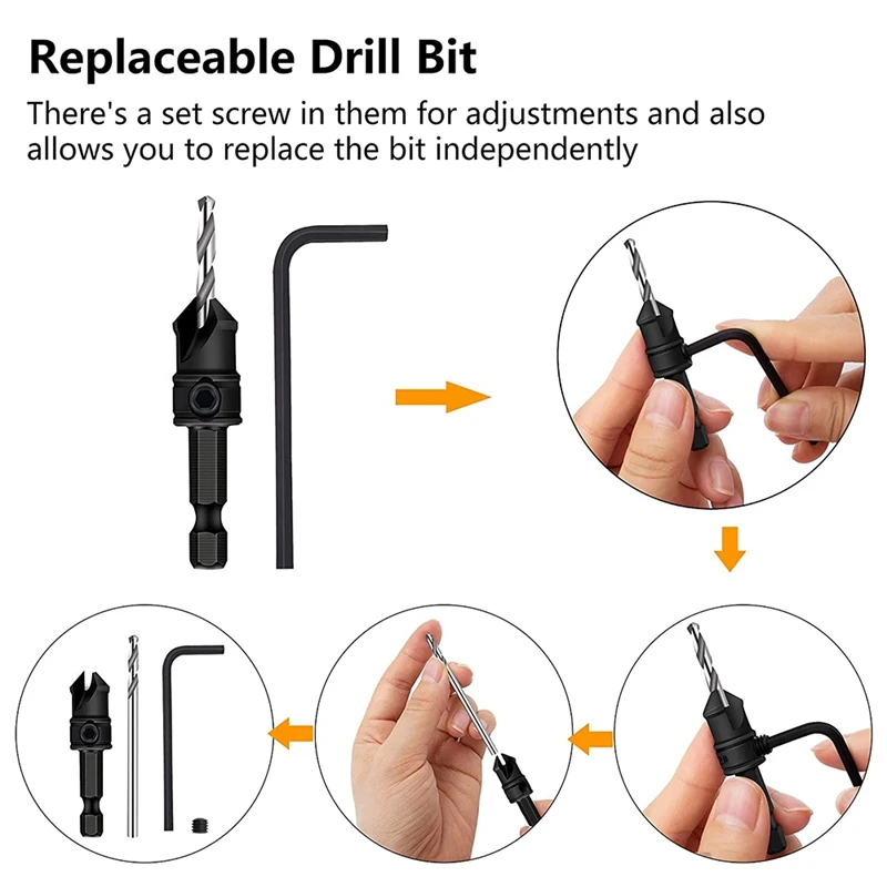 5-Piece Set Of 3/8-Inch Quick-Change 82° Chamfer Adjustable Drill Bits,HSS Wood Drill Bits Sink Hole Drilling Tool Kit