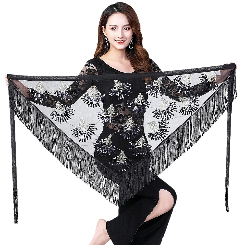 Belly Dance Fringed Hip Scarf Sequined Waist Chain Dance Practice Sequined Triangle Scarf Practice Fringed Belt Waist Scarf.