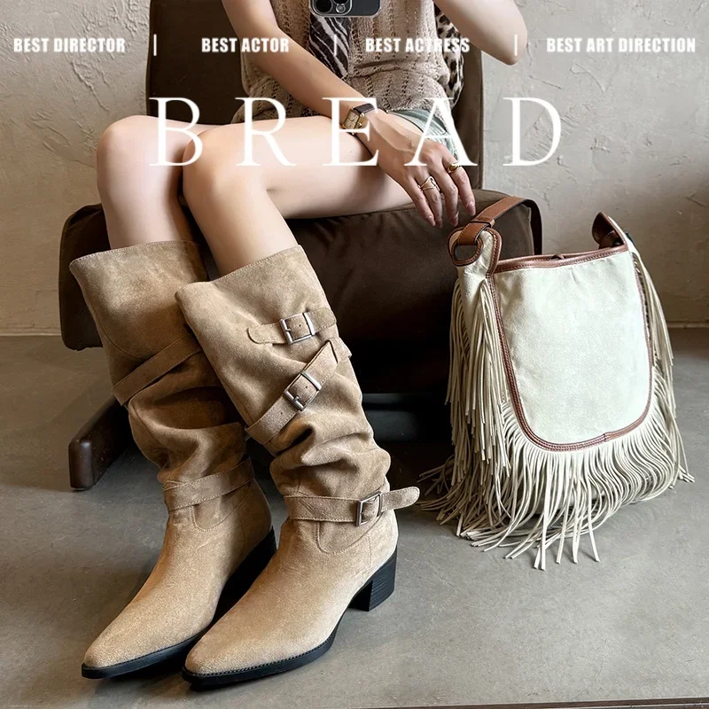 

2026 новые осенне-зимние женские сапоги до колена высотой 22-25 см, длинные сапоги до колена из эластичной бархатной ткани с квадратным носком и пряжкой на ремне.