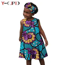 African Clothes Print Dresses for Girl Summer A-line Dress Matching Bowtie Headband  Bazin Riche Children Cotton Outfits Y234016