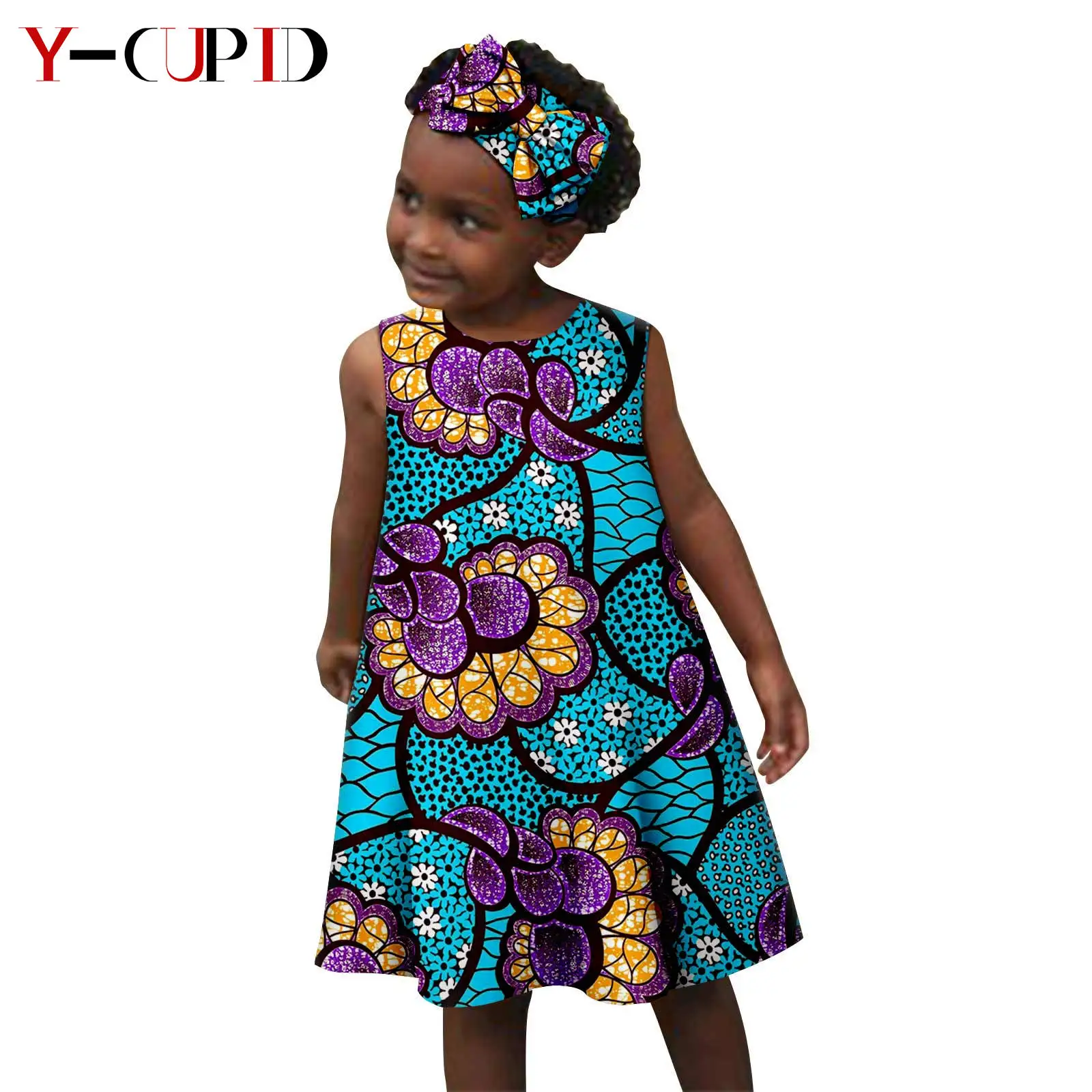 African Clothes Print Dresses for Girl Summer A-line Dress Matching Bowtie Headband  Bazin Riche Children Cotton Outfits Y234016