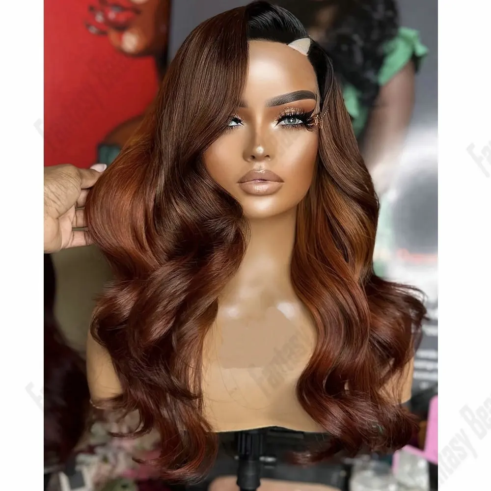 

Dark Roots Ombre Reddish Brown Human Hair 1x4 Size V Part Wig for Black Women Body Wave Glueless U Part Full Machine Made Wigs