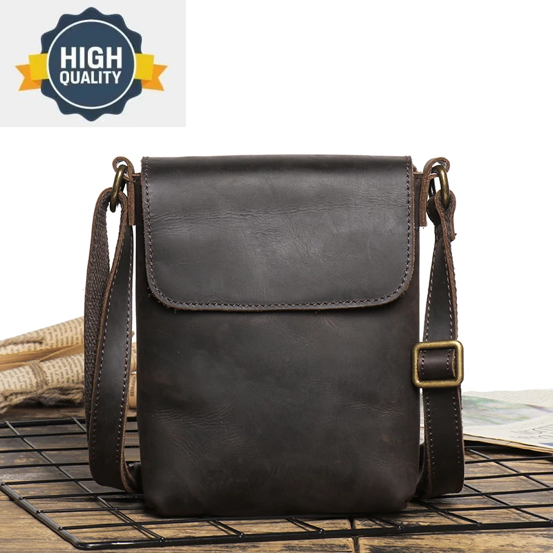 Bolso de hombro pequeño con cremallera para hombre, bandolera de cuero genuino, diseño de minorrilla, teléfono Simple, Retro, negro