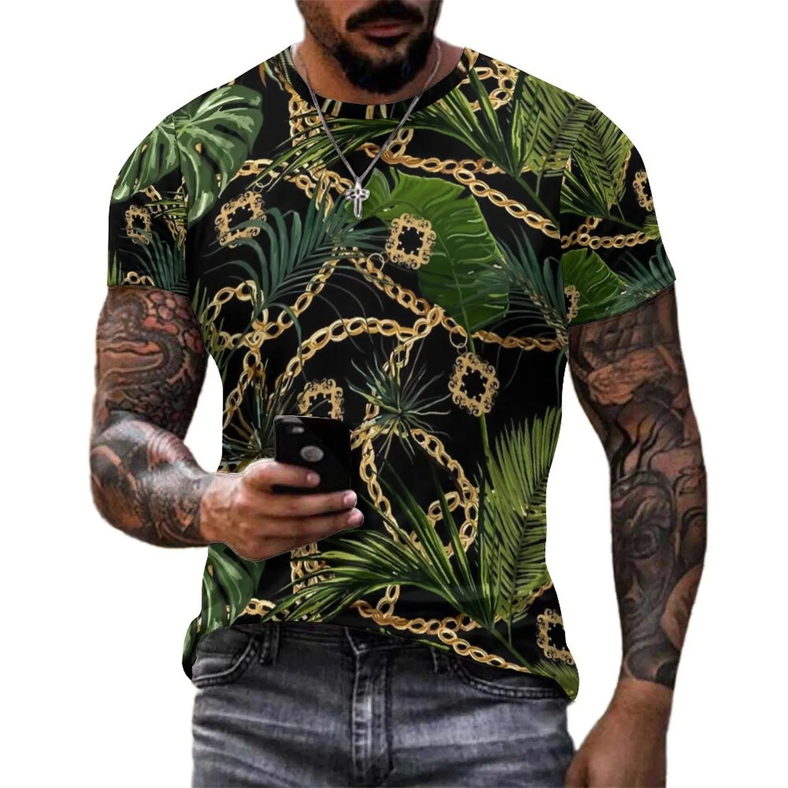 Oversize T Shirt Premium Chain Print T Shirts Tropical Leaves Basic O Neck Tshirt Male Fashion Design Tees