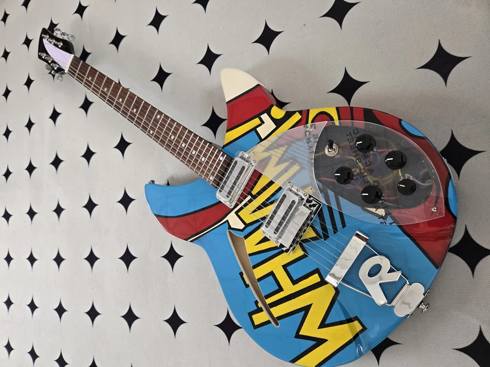 custom electric guitar hollow semi-hollow guitar with hand-painted pattern; 6 strings; pop art style.