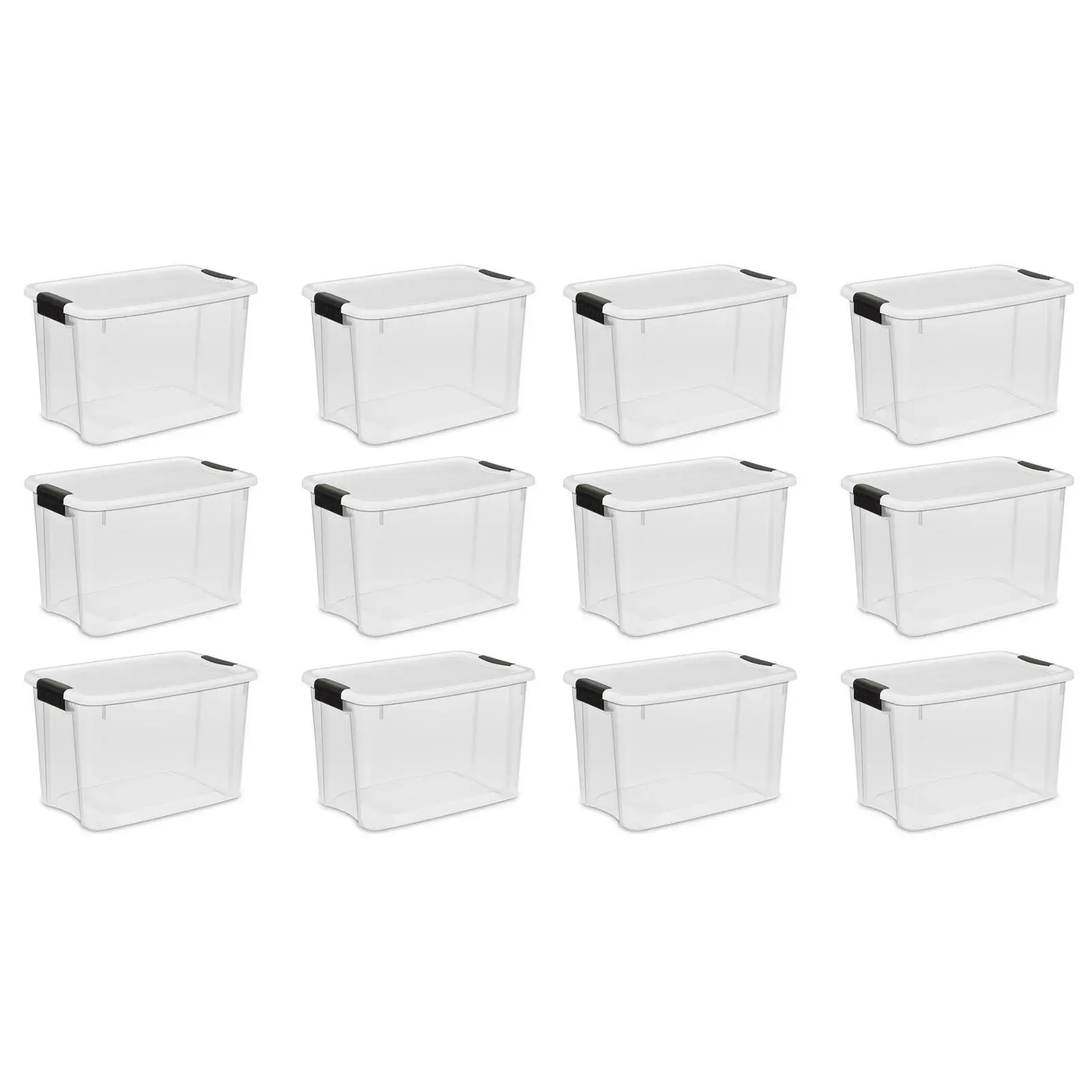 

30 Qt Clear Plastic Stackable Storage Bin w/White Latch Lid, (12 Pack)