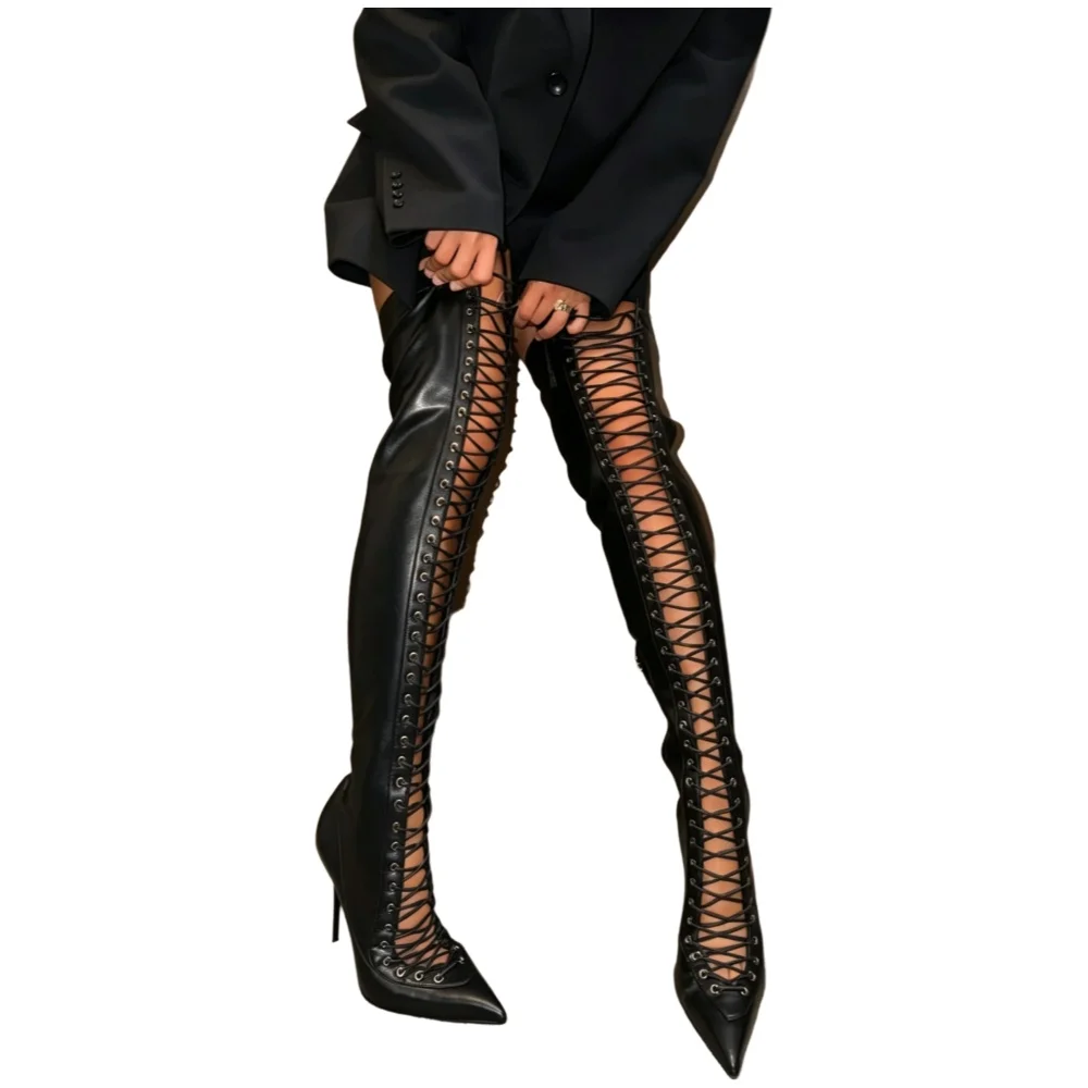 Frühling/Sommer Schwarze Overknee-Stiefel für Damen, Spitze Stiletto-Absätze, Schnürung, Ausschnitt, seitlicher Reißverschluss, Sexy Club-Party-Kleid-Stiefel
