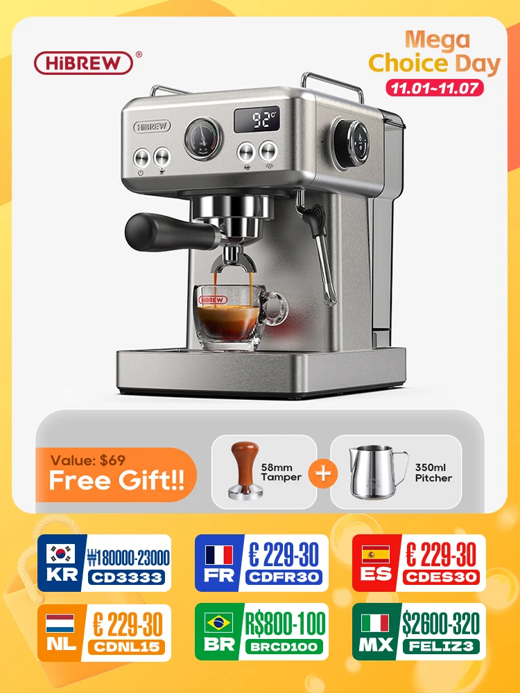 HiBREW 20Bar Semi Automatic Espresso Coffee Machine Temperature Adjustable 58mm Portafilter Cold/Hot Coffee Maker Metal CaseH10A