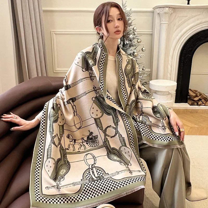 Horse Winter Cashmere Scarf Women Luxury Design Warm Pashmina Shawl Wraps Bandana Female Thick Blanket Soft Bufanda Foulard