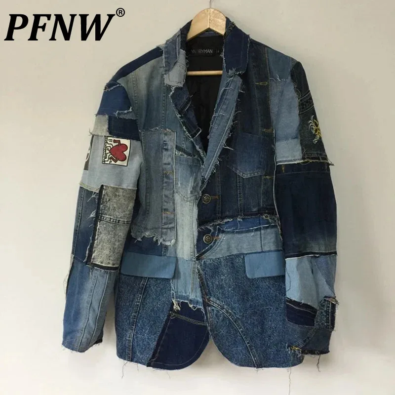 

PFNW Autumn Men's Heavy Industry Deconstructs Denim Suit Coat High Street Splice Patch Design New Rough Selvedge Jackets 21Z1427