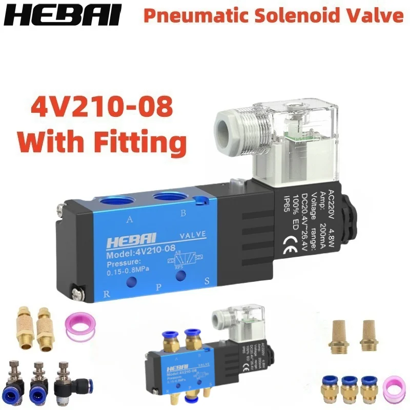 

HEBAI 4V210-08 PLUS Pneumatic Solenoid Valve With Hose Fittings 5 Way 2 Position Control Air Gas Magnetic Valve DC24V AC220V