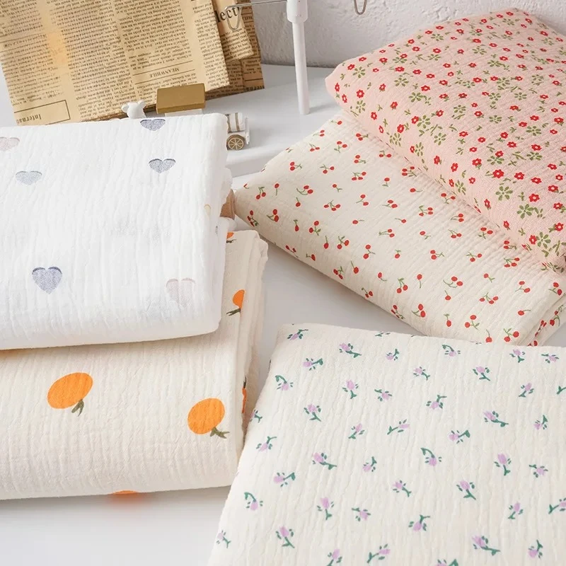 Tela crepé estampada, tela de gasa de doble capa de algodón Floral suave para costura DIY, ropa de dormir, falda para dormir, ropa de hogar 50 × 135cm