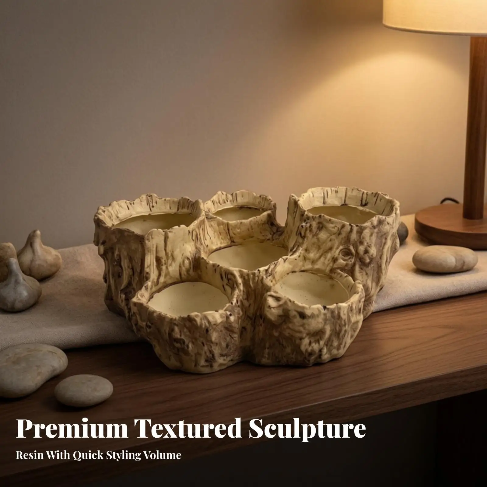 Faux Wood Stump Resin Planter with Irregular Openings for Mini Landscape Home Office Window Decor