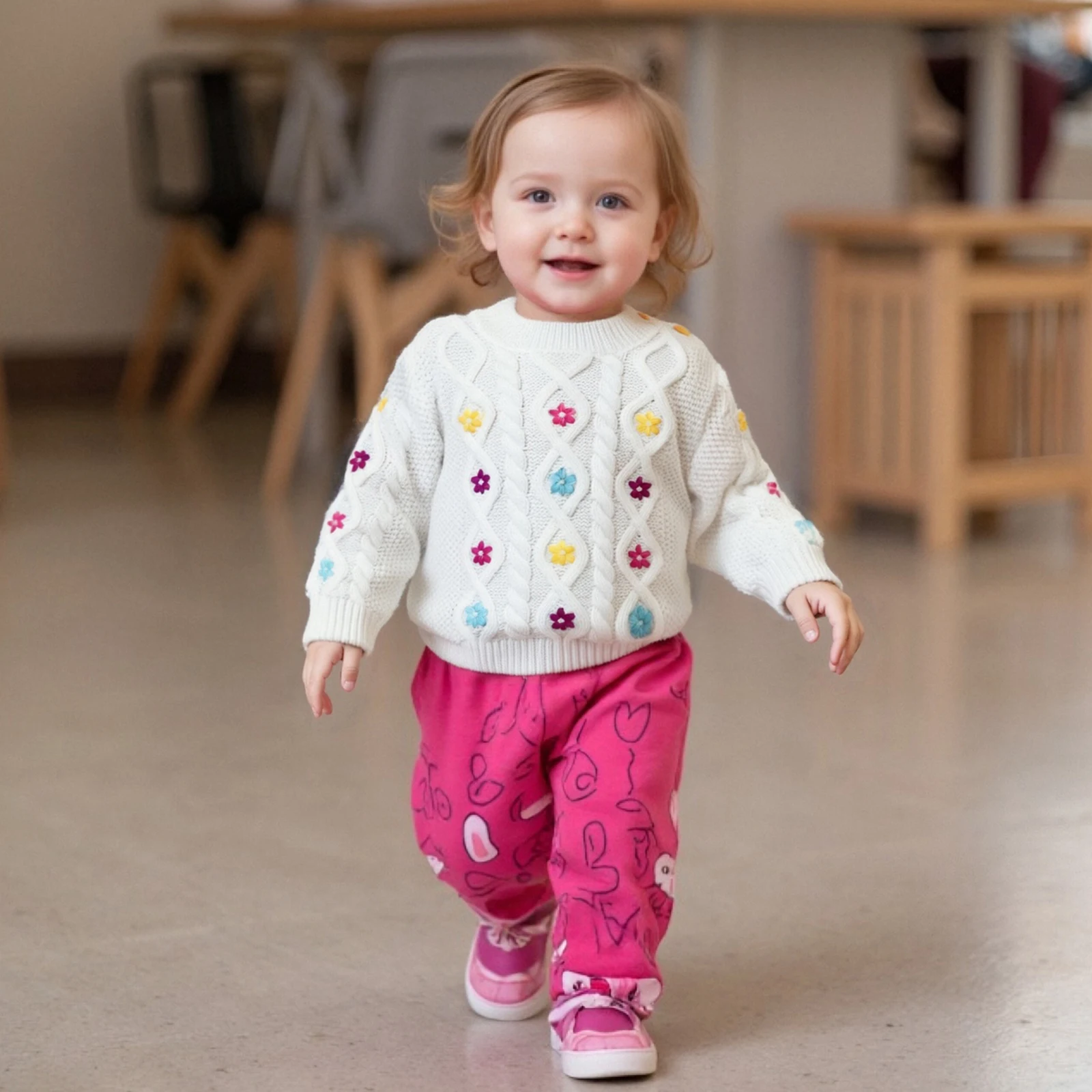 

Toddler Baby Girls Knit Sweater Flower Embroidery Crew Neck Jacquard Pullover Long Sleeve Tops