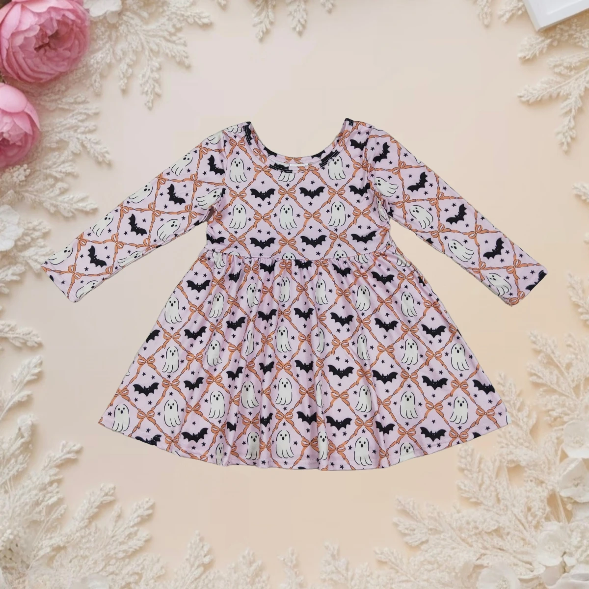 

Hot Sale Halloween Girls Dress Cute Ghost Bat Print Plaid Long Sleeve Princess Knee Length Dresses Kids Toddler Party Costume