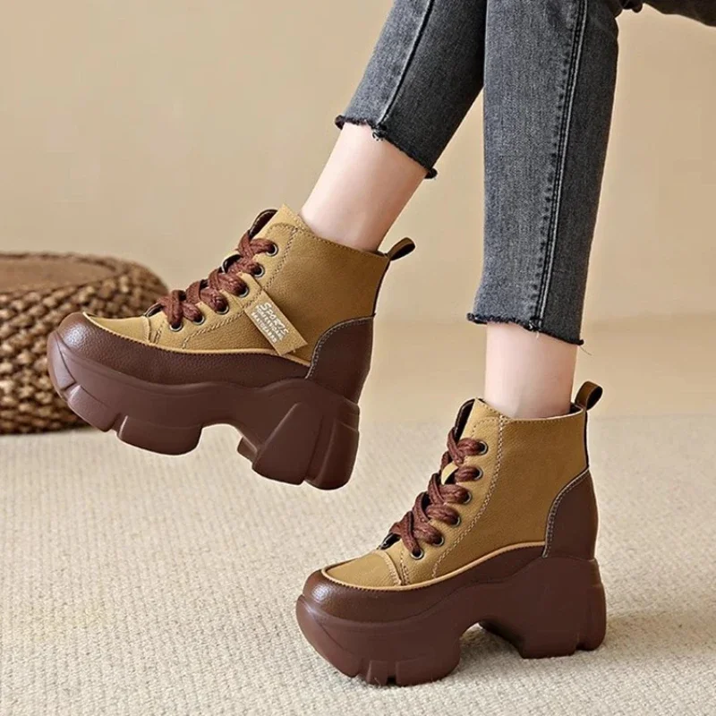 

Spring autumn fashion short boots for women round toe lace-up sports Platform casual shoes wedge heel heightening women boots