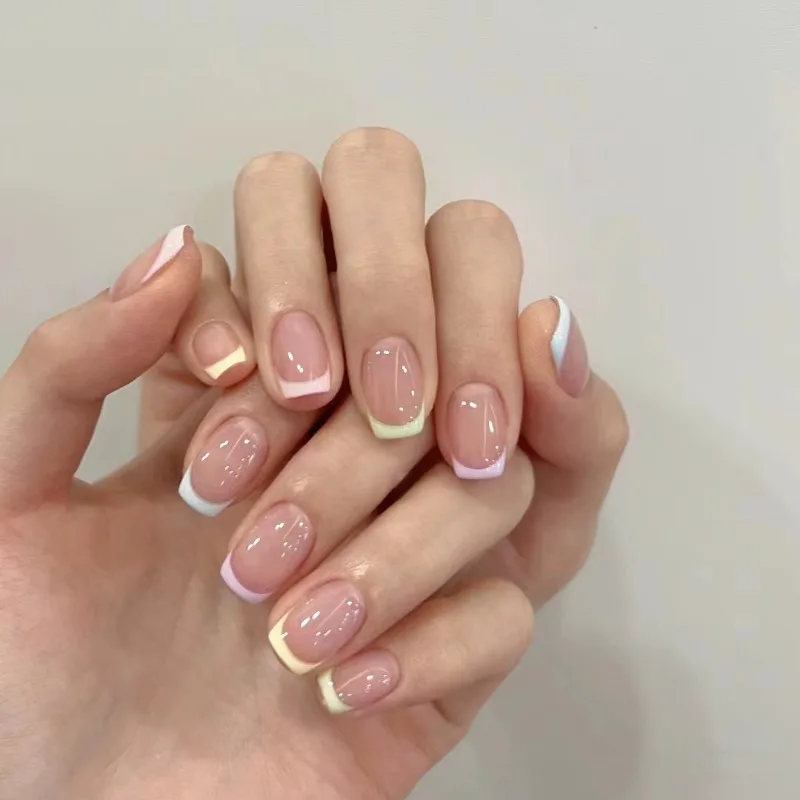 24 Pcs Cheap Fake Nail Set Presss on Nails Self-adhesive Short Summer Simple Colorful French Rounded False Nails with Design