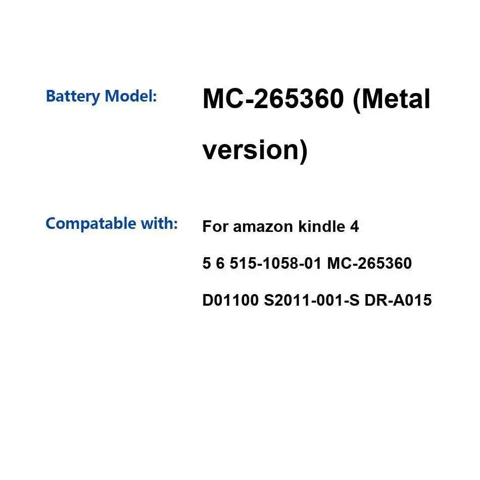 

Аккумулятор для планшета 890 мАч для Amazon Kindle 4 5 6 515-1058-01 MC-265360 D01100 S2011-001-S DR-A015, металлическая версия