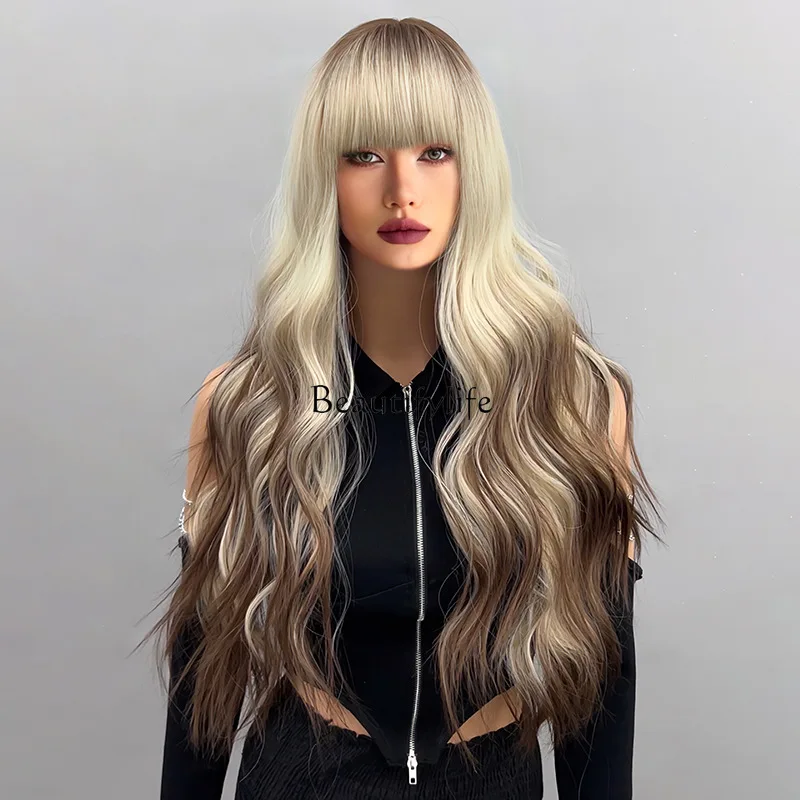 

Long loose waves gradual change color synthetic wig with bangs women's