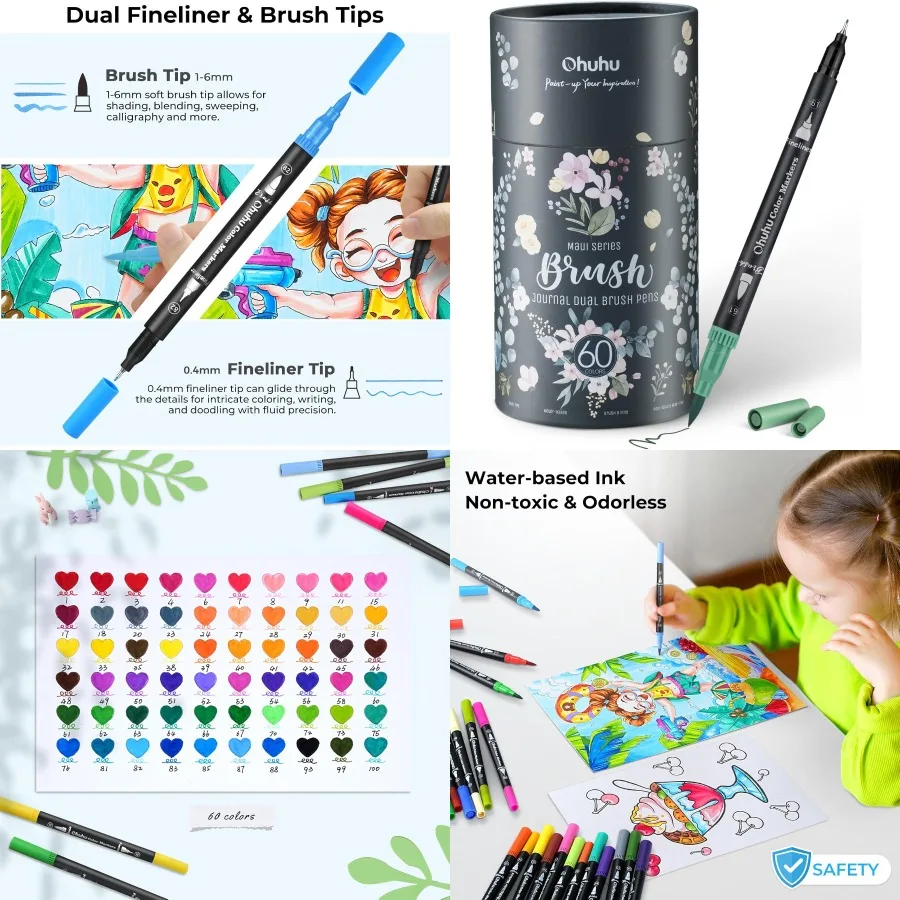 

Маркеры Ohuhu для взрослых, книжки-раскраски, без кровотечения, 60-цветные раскраски, раскраски на водной основе, двойные наконечники, тонкая подводка, кисть, ручка для рисования