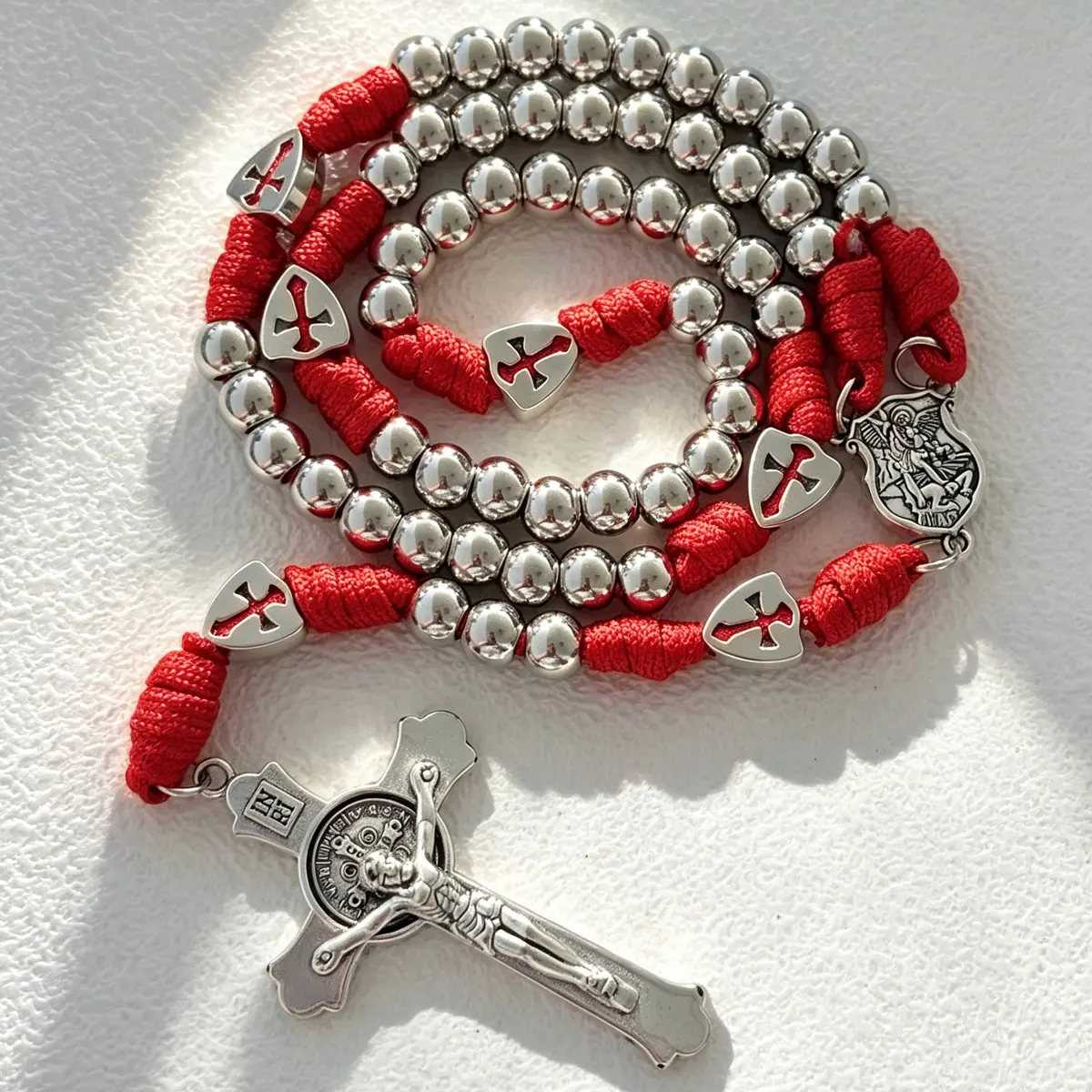 Paracord Rosary Red Rope Stainless Steel Beads St Michael Medal St Benedict Crucifix Jerusalem Cross Beads Catholic Prayer Rosar