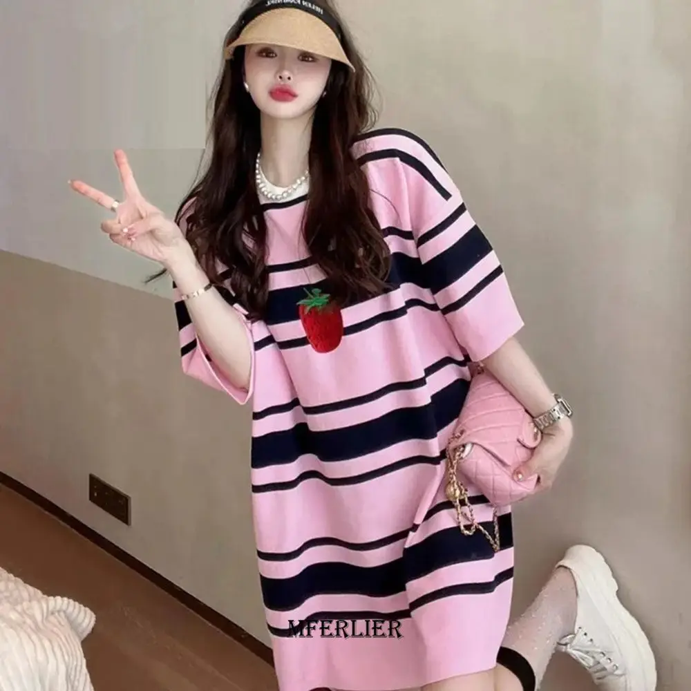 

Large Size 5XL 150KG Women O Neck Striped Long t shirt Short Sleeve Strawberry T-Shirt Big T-shirt Casual Loose Pink Tees