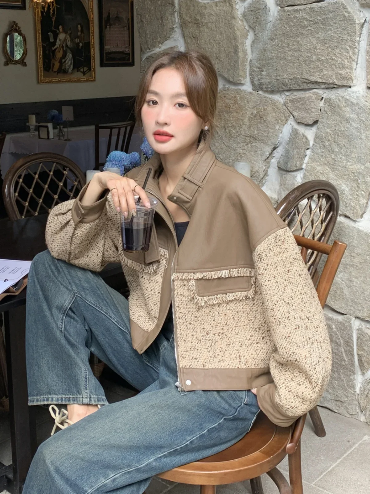 

Coffee coat spring and autumn women's new small loose Hong Kong style retro PU splicing short jacket