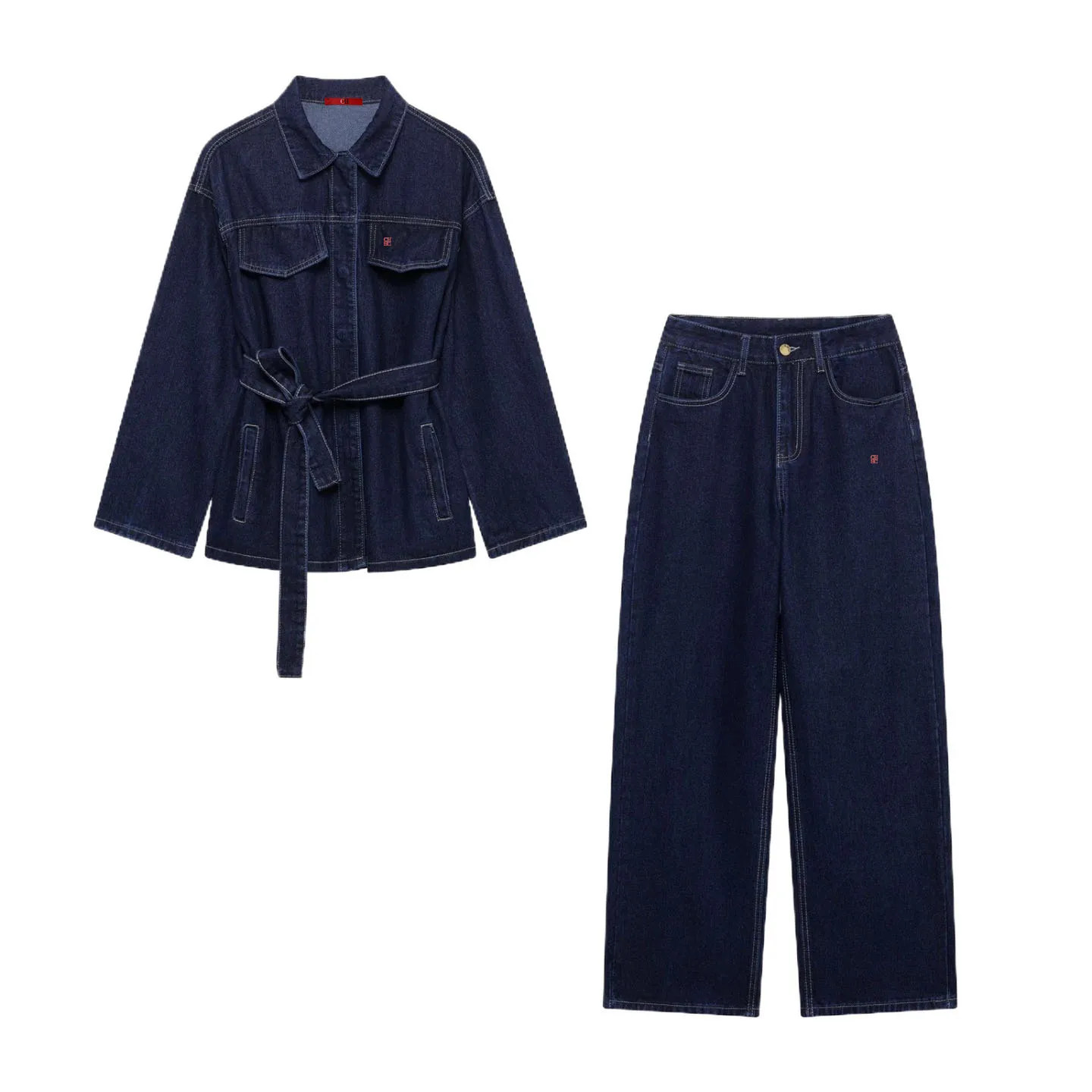 CH Damen Denim Zweiteiler: Langärmelige Jacke mit Gürtel und Weitbein-Jeans, Lässiger Street-Style Anzug für Damen, Herbst-Winter-Stil – Detail 5