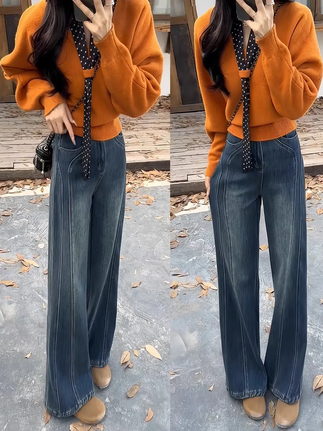 

American Style Fleece Lined Wide Leg Jeans plus Size Slimming Pants Winter Vintage Blue Flared Denim High Waist Casual Trousers