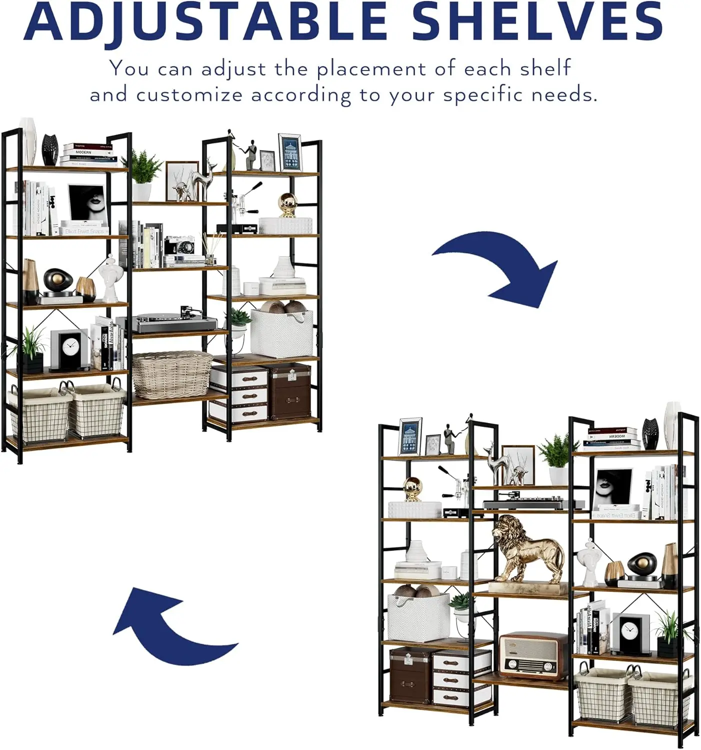 Numenn Drievoudige Brede Boekenplank Met 5 Niveaus, Rustieke Boekenkasten In Industriële Stijl Met 14 Open Displayplanken, Moderne Hoge Boekenkast