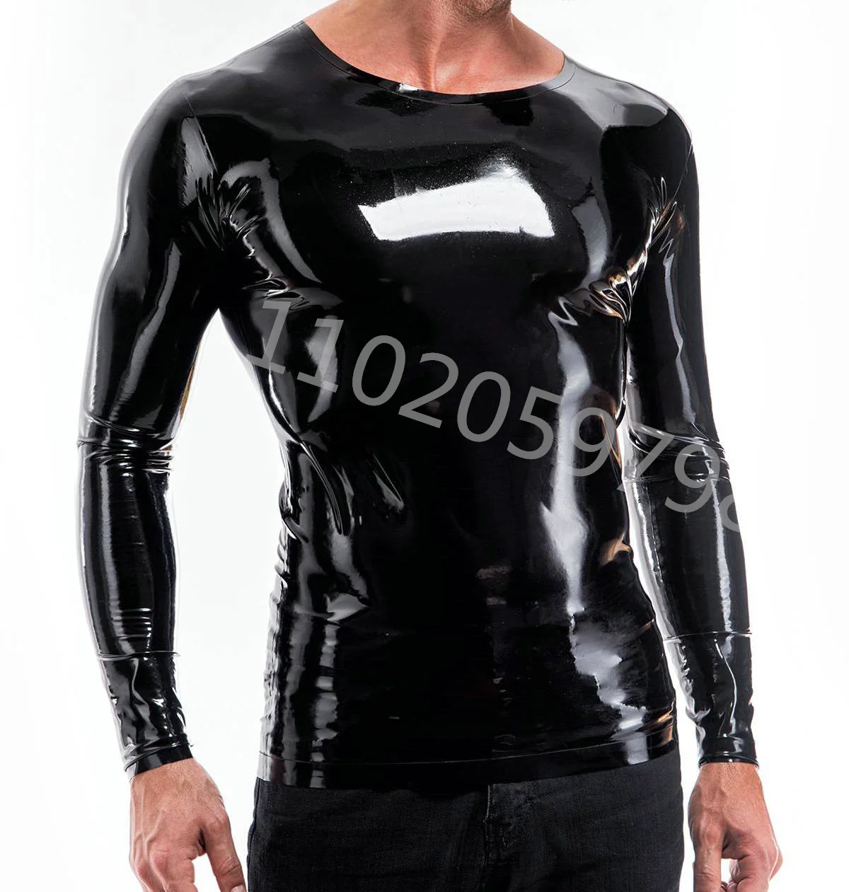 Black Latex Men Long Sleeves T-Shirt Soft Clothes Male Fetish Costume Classic Handmade Tops Rubber Shirt