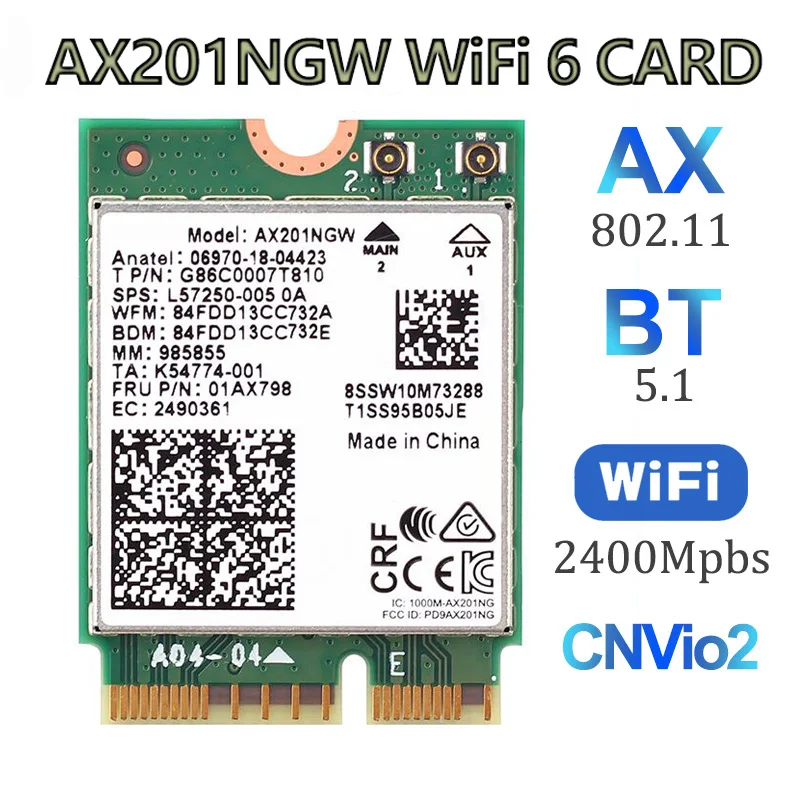 

Wi-Fi 6 Карта AX201 AX201NGW Двухдиапазонный 2,4 ГГц/5 ГГц 2,4 Гбит/с 2400 Мбит/с + 574 Мбит/с M.2 Key E CNVio 2 Беспроводной адаптер Bluetooth 5.0